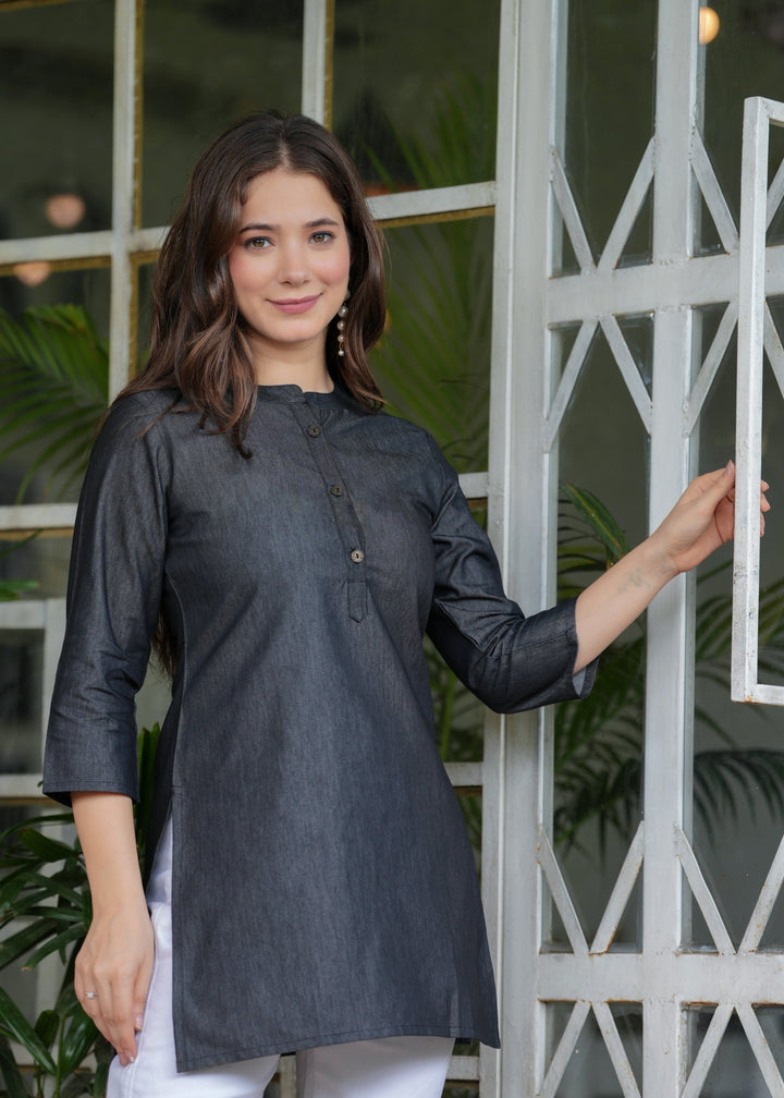 Black Cotton Blend Denim Kurti Tunic