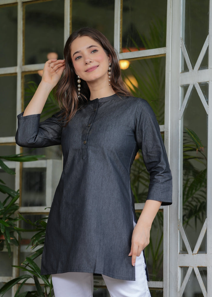 Black Cotton Blend Denim Kurti Tunic