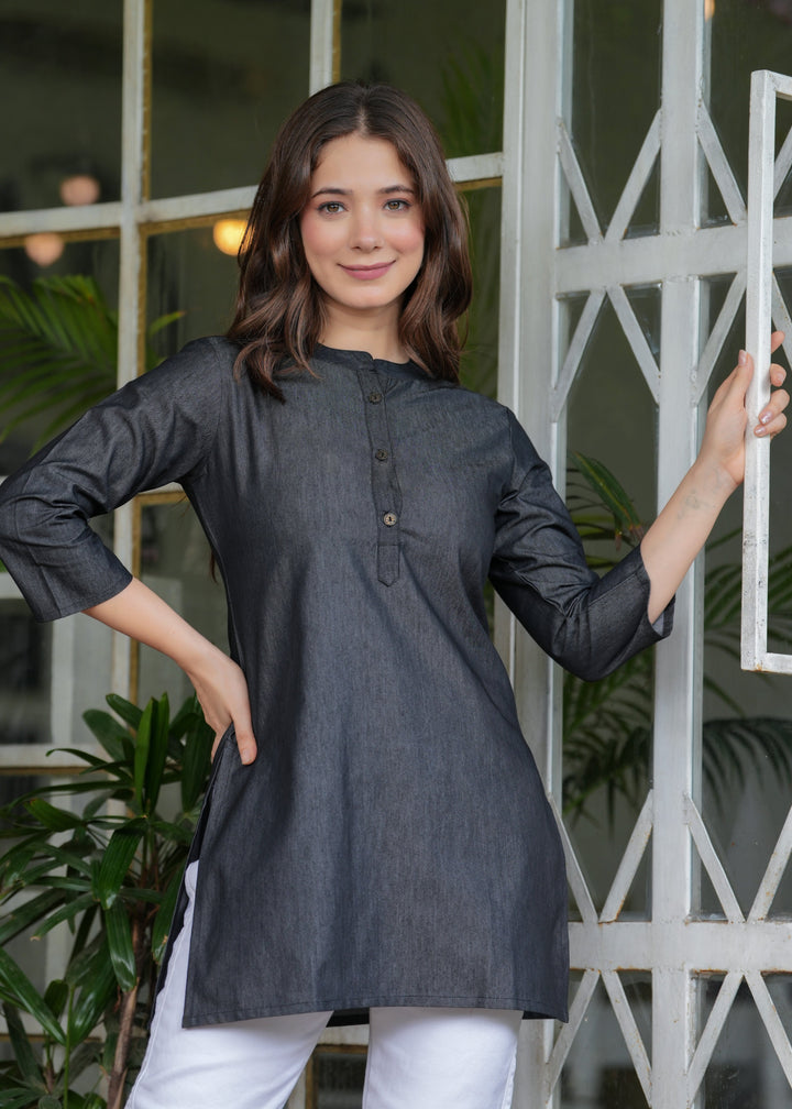 Black Cotton Blend Denim Kurti Tunic