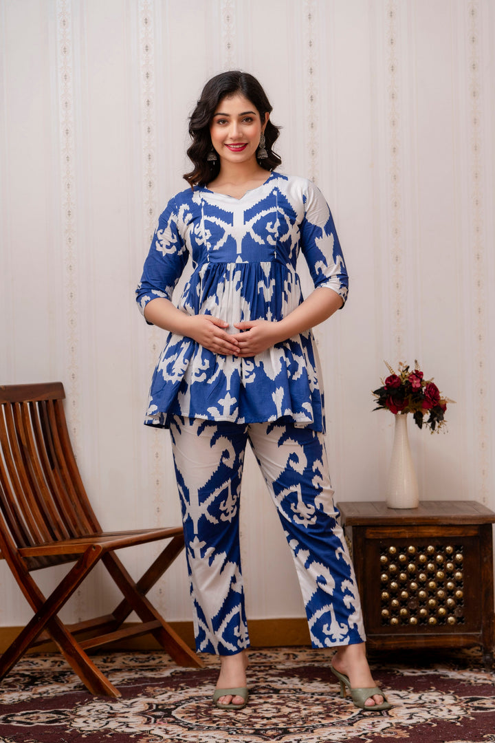 Blue & White Cotton Ikat Print Peplum Co-Ord Set