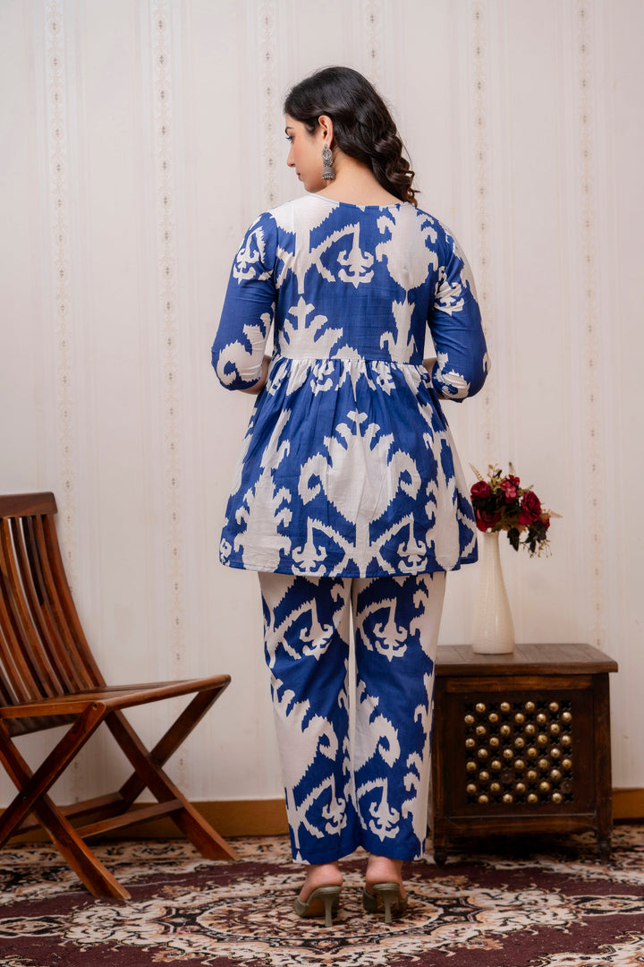 Blue & White Cotton Ikat Print Peplum Co-Ord Set