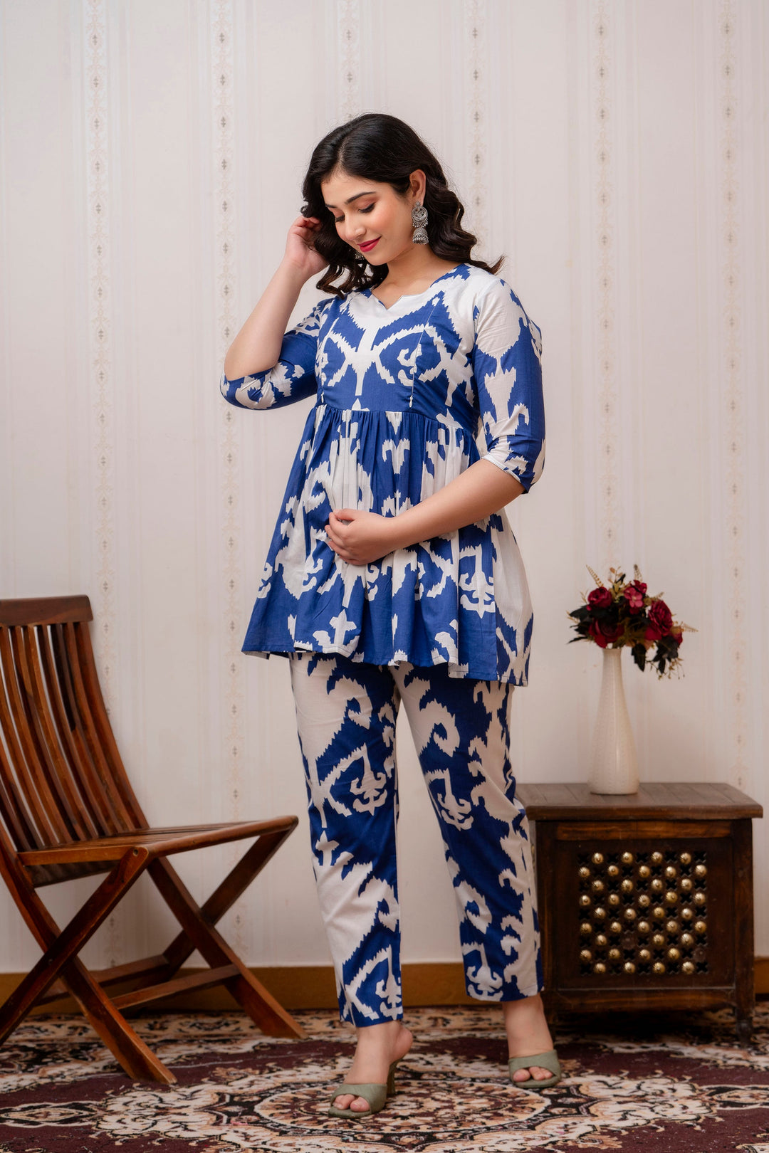 Blue & White Cotton Ikat Print Peplum Co-Ord Set