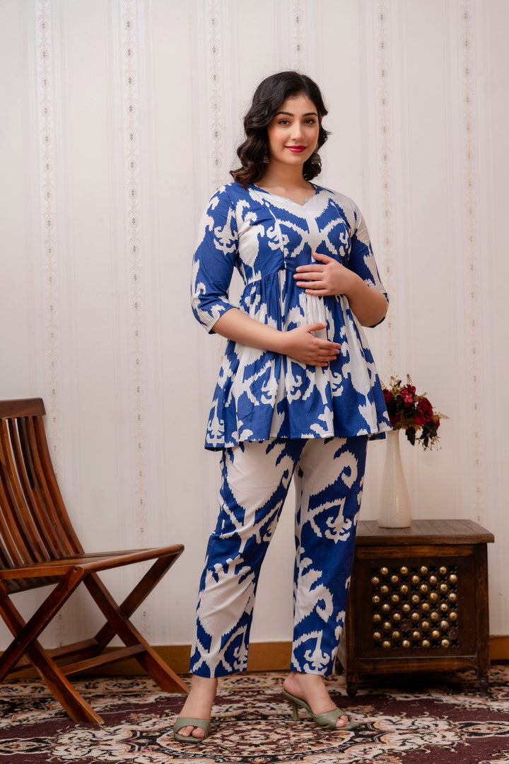 Blue & White Cotton Ikat Print Peplum Co-Ord Set