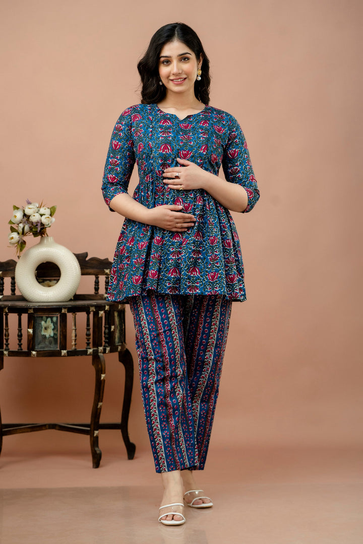 Blue & Pink Cotton Printed Peplum Co-Ord Set