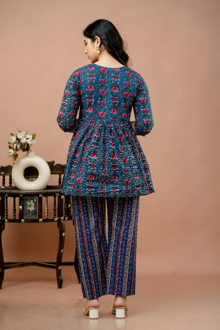 Blue & Pink Cotton Printed Peplum Co-Ord Set