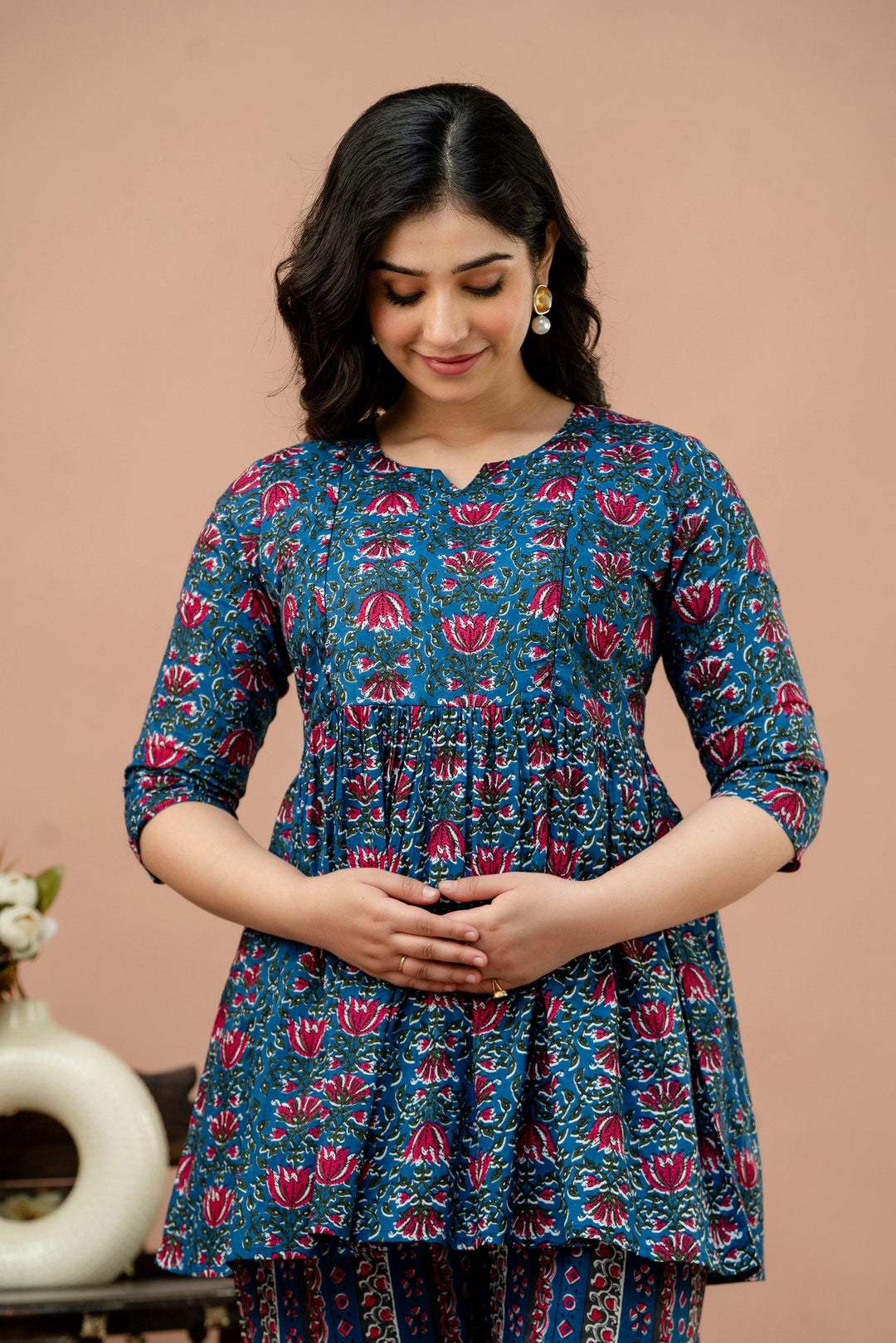 Blue & Pink Cotton Printed Peplum Co-Ord Set