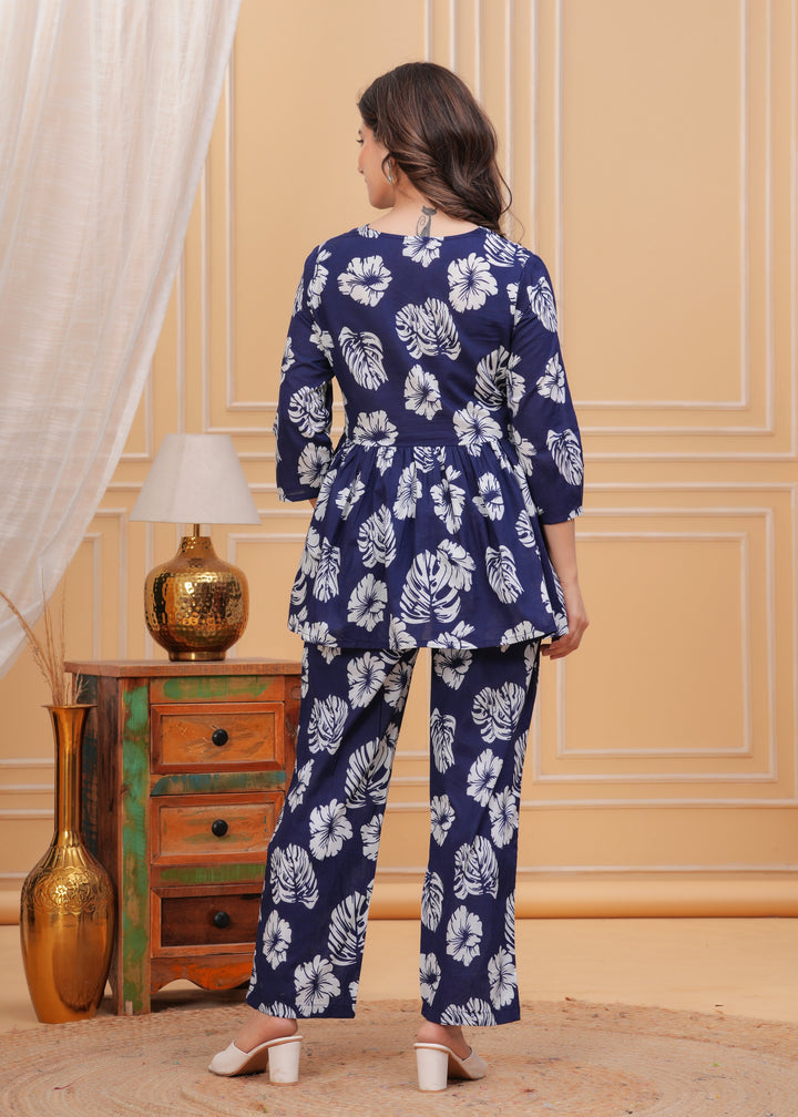 Dark Blue & White Floral Print Co-Ord Set