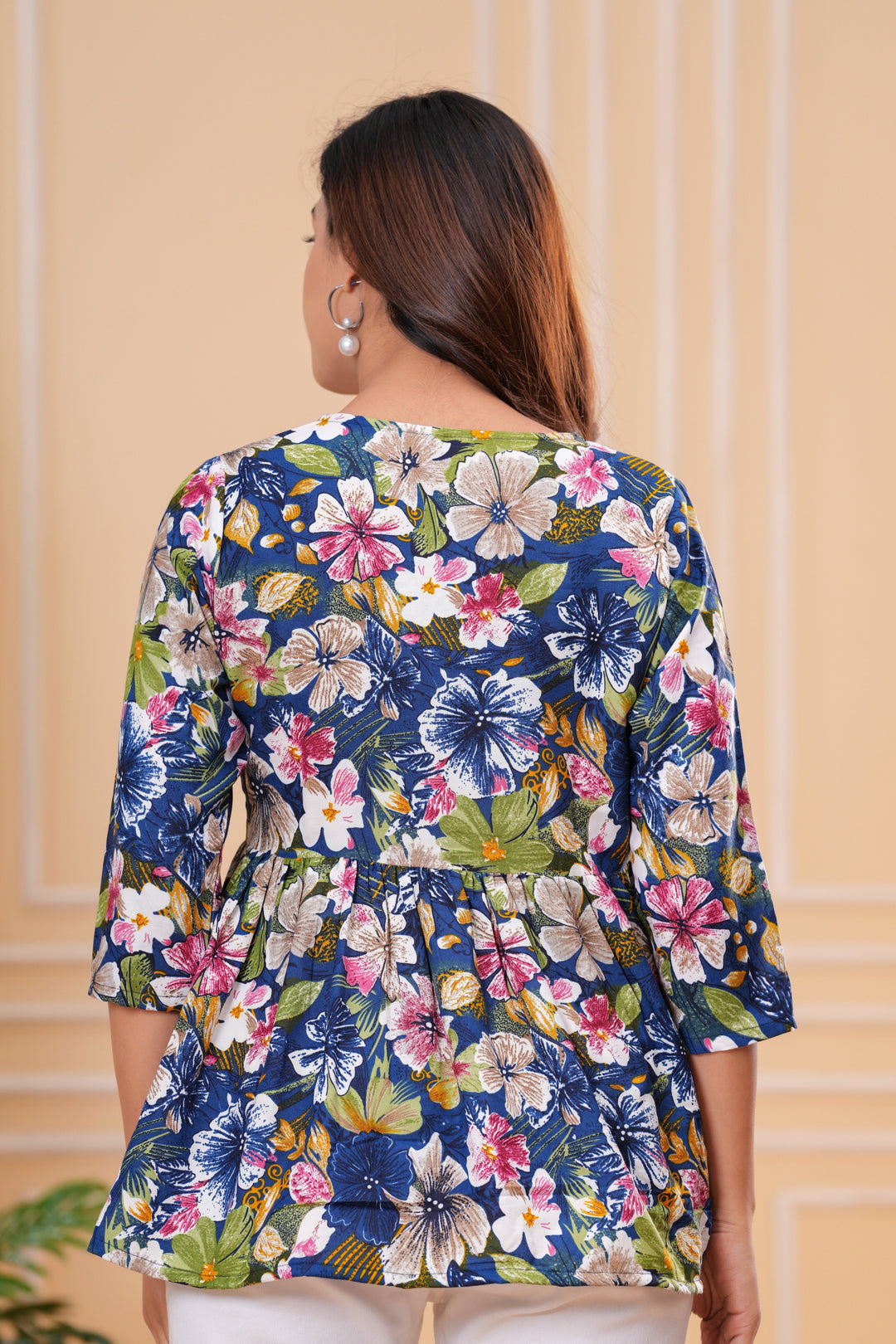 Blue with Multicolor Floral Prints Cotton Blend Peplum Top