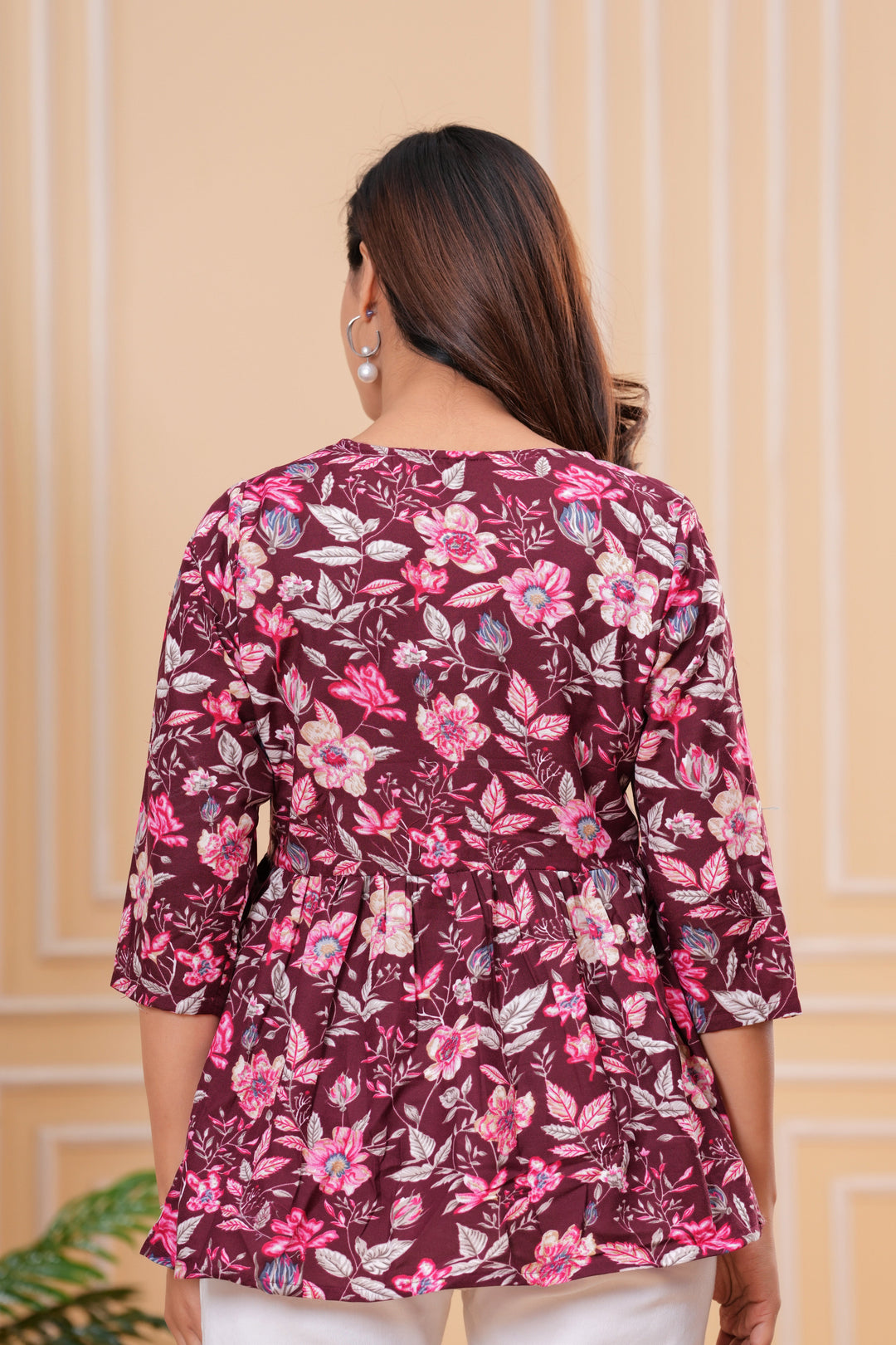 Wine with Multicolor Floral Prints Cotton Blend Peplum Top