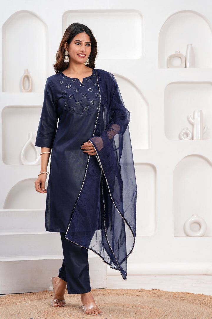 Navy Blue Cotton Blend Solid 3-Piece Kurta Set