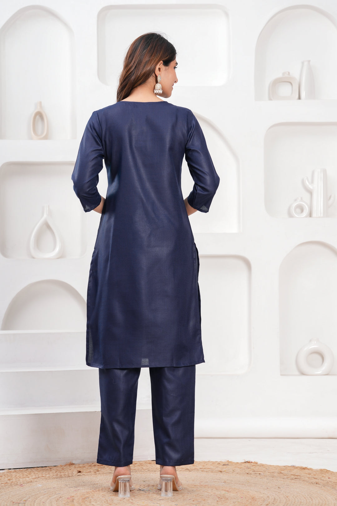 Navy Blue Cotton Blend Solid 3-Piece Kurta Set