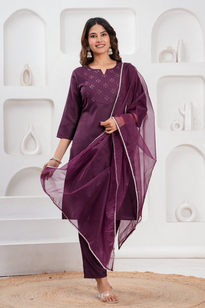 Wine Cotton Blend Solid Kurta Set