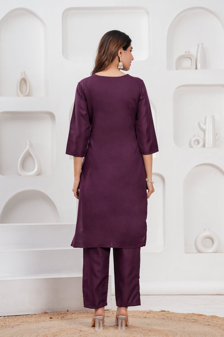 Wine Cotton Blend Solid Kurta Set