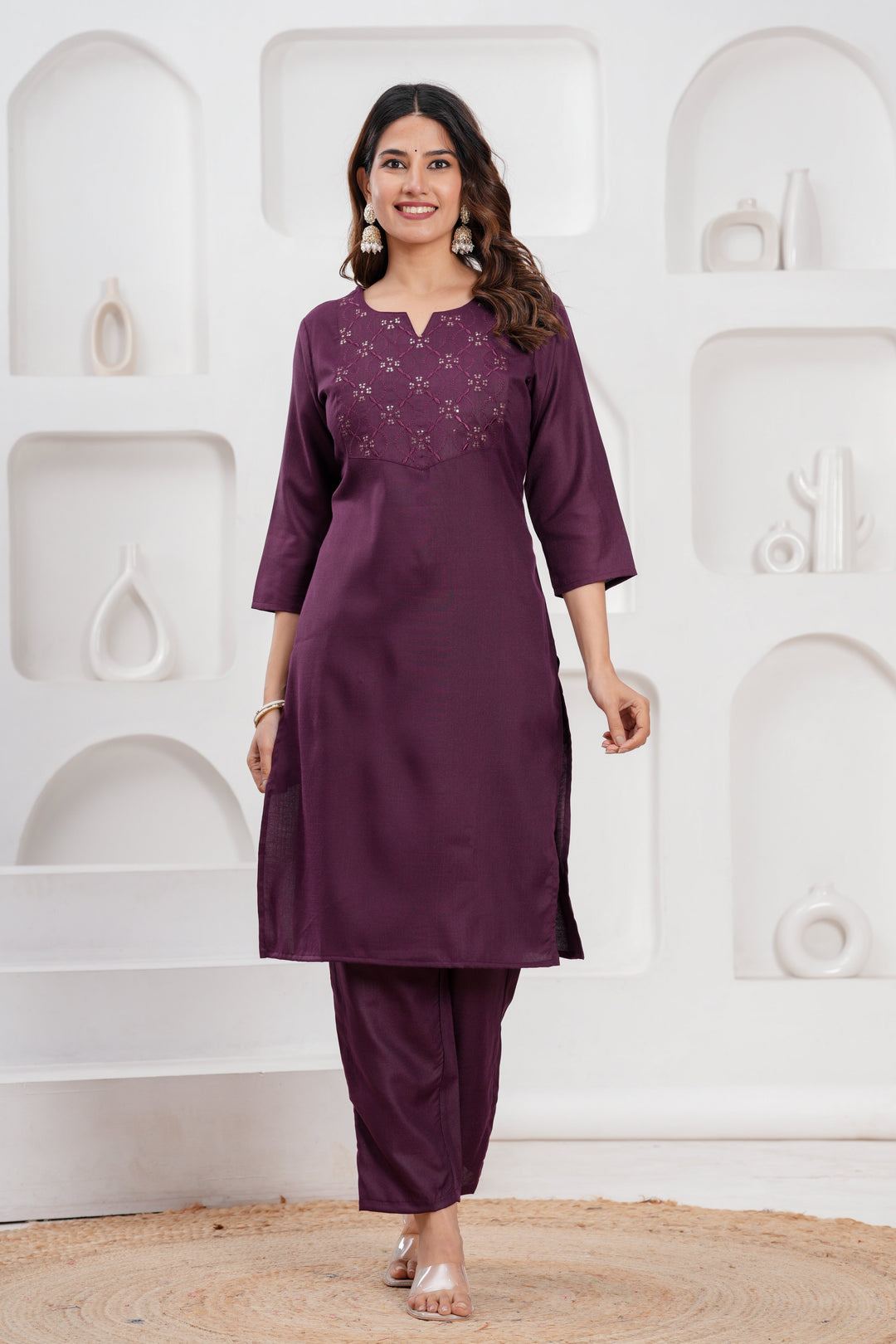 Wine Cotton Blend Solid Kurta Set