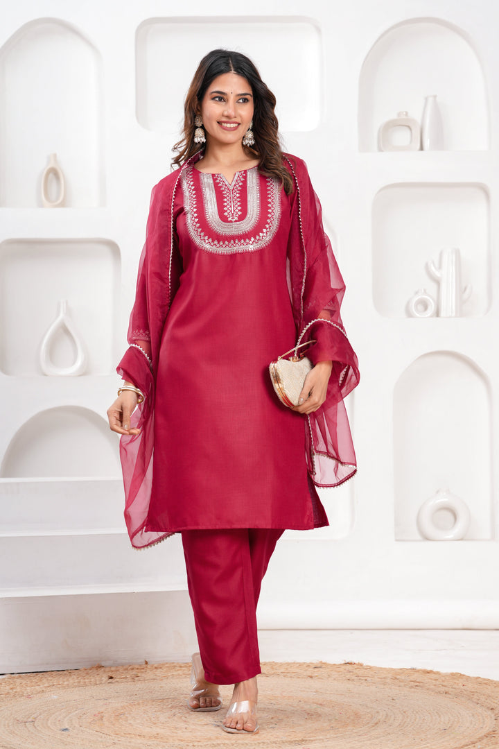 Maroon Cotton Blend Solid Kurta Set