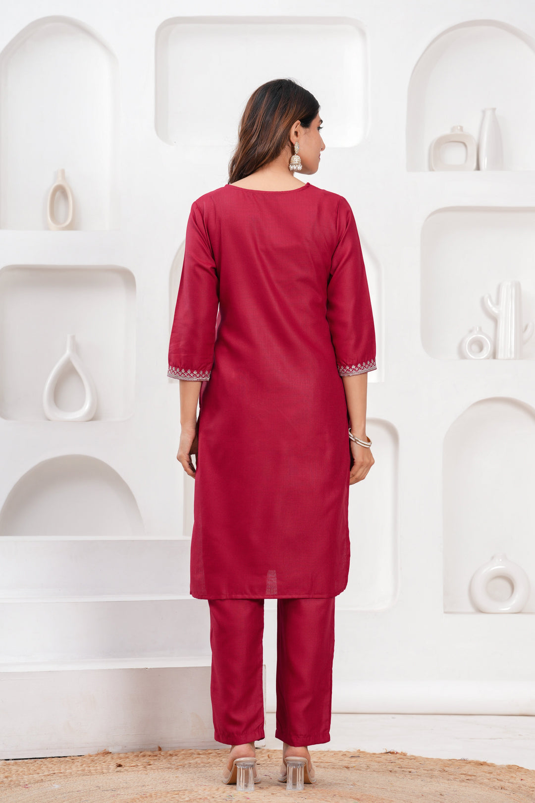 Maroon Cotton Blend Solid Kurta Set