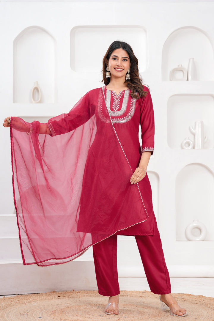 Maroon Cotton Blend Solid Kurta Set