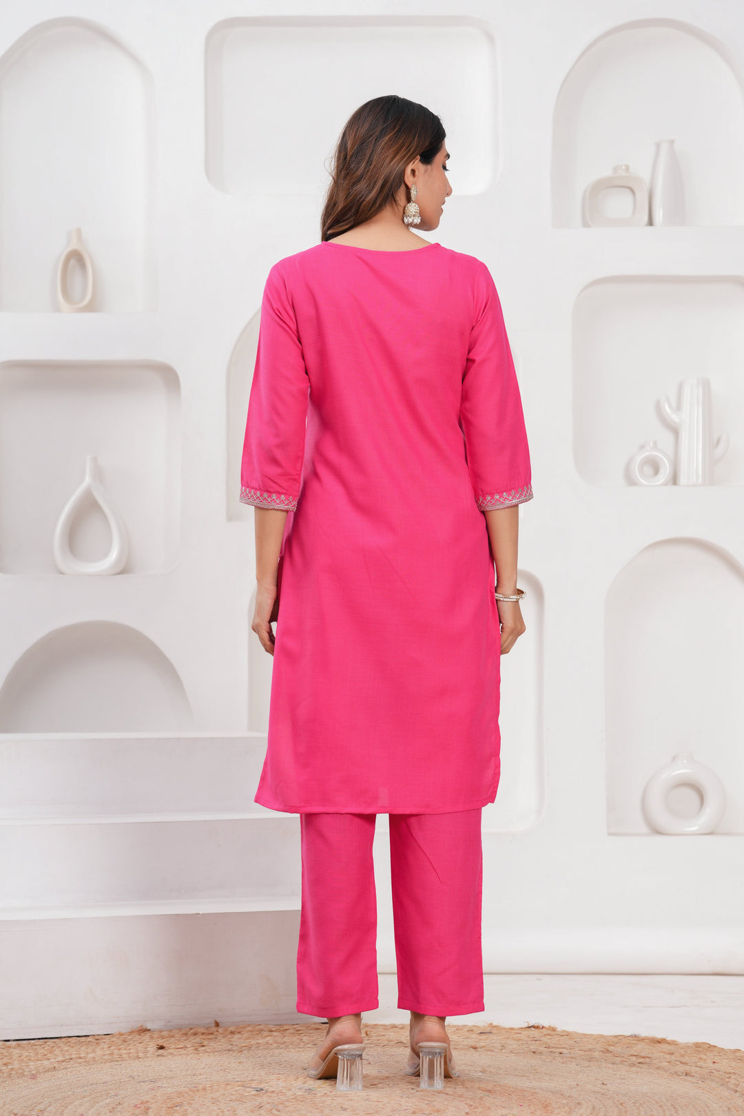 Pink Cotton Blend Solid Kurta Set