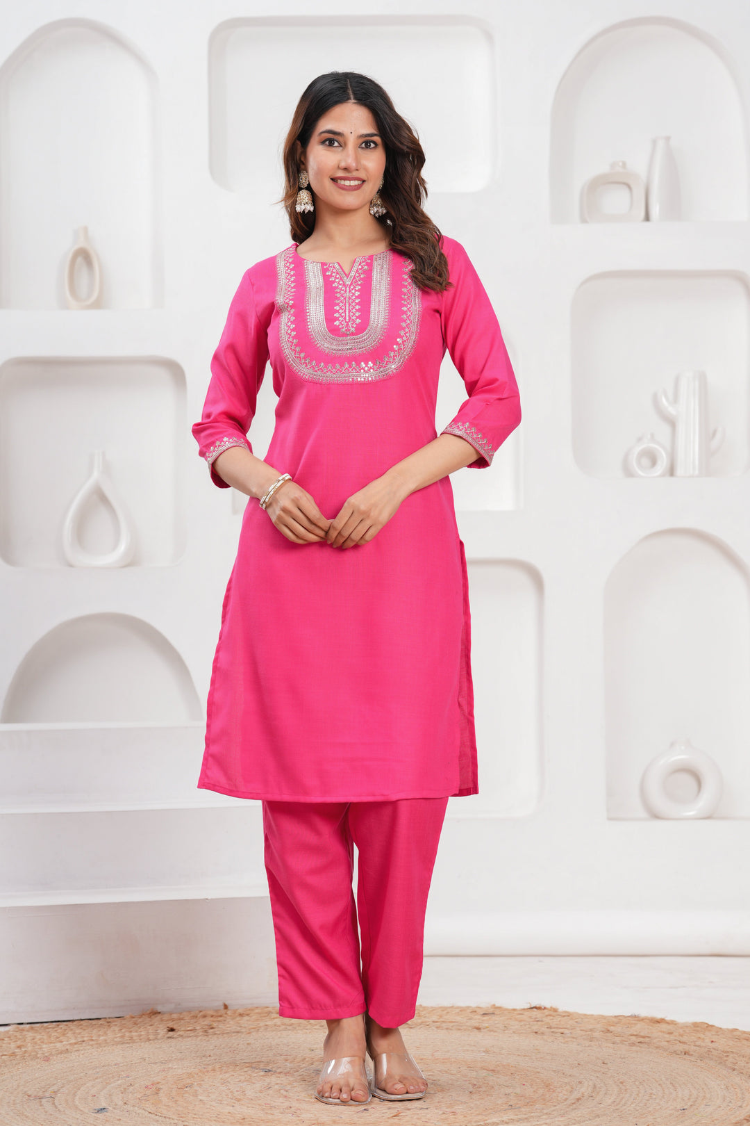 Pink Cotton Blend Solid Kurta Set