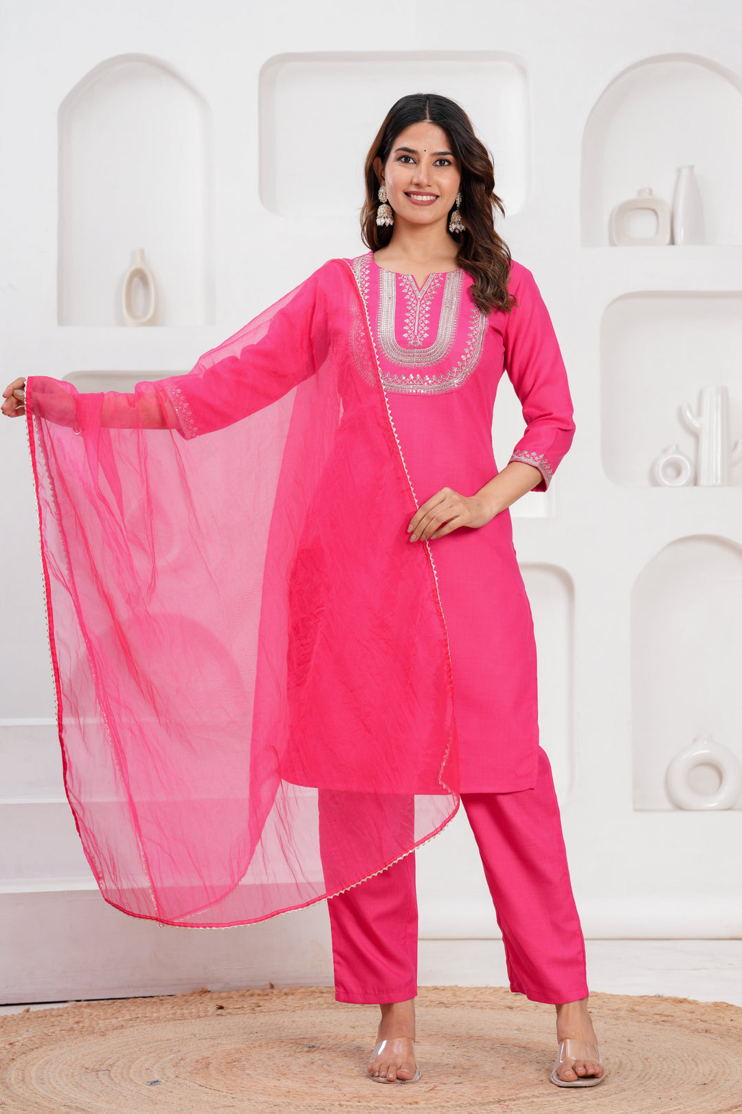 Pink Cotton Blend Solid Kurta Set