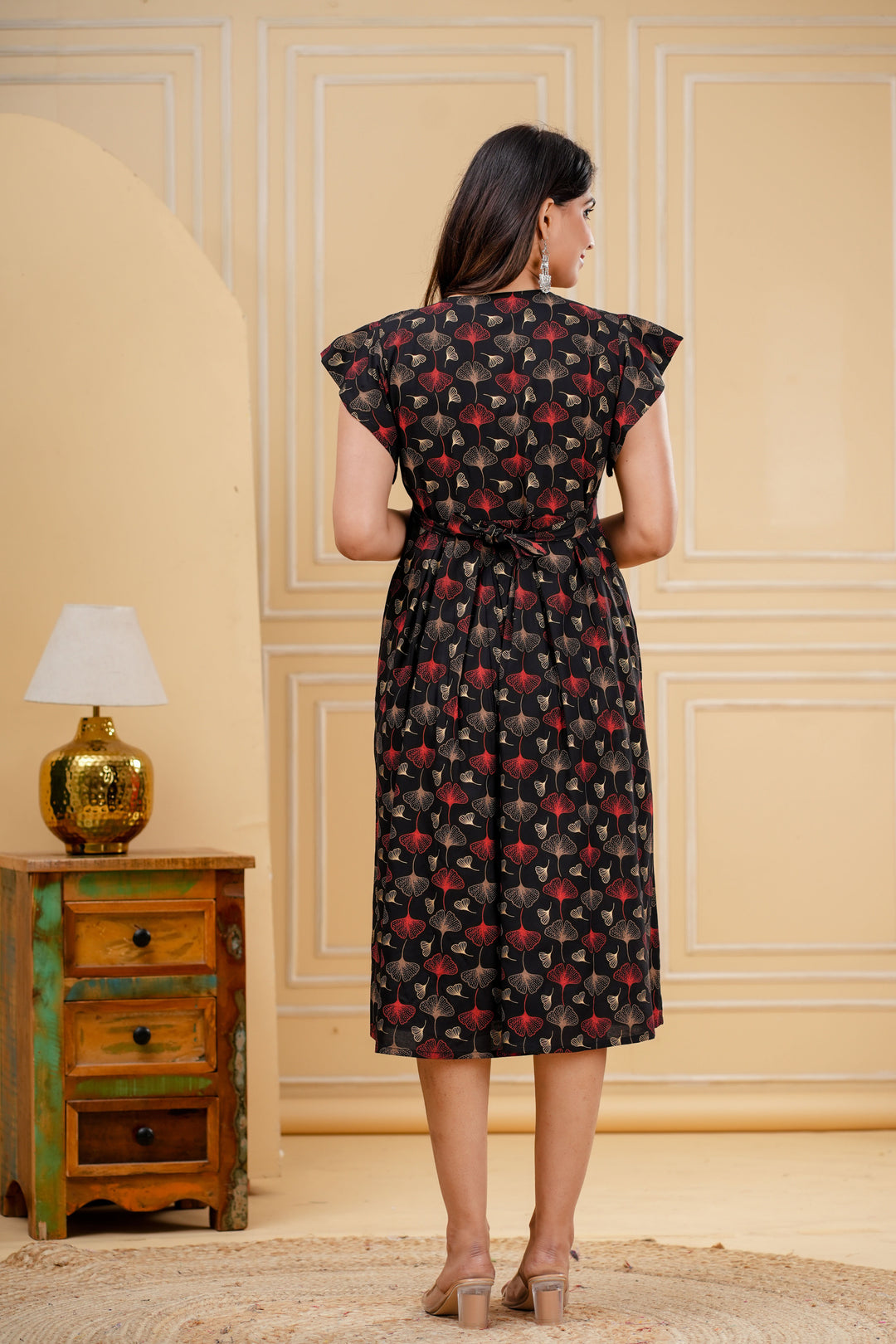 Black Floral Printed Maternity Midi Kurta Dress