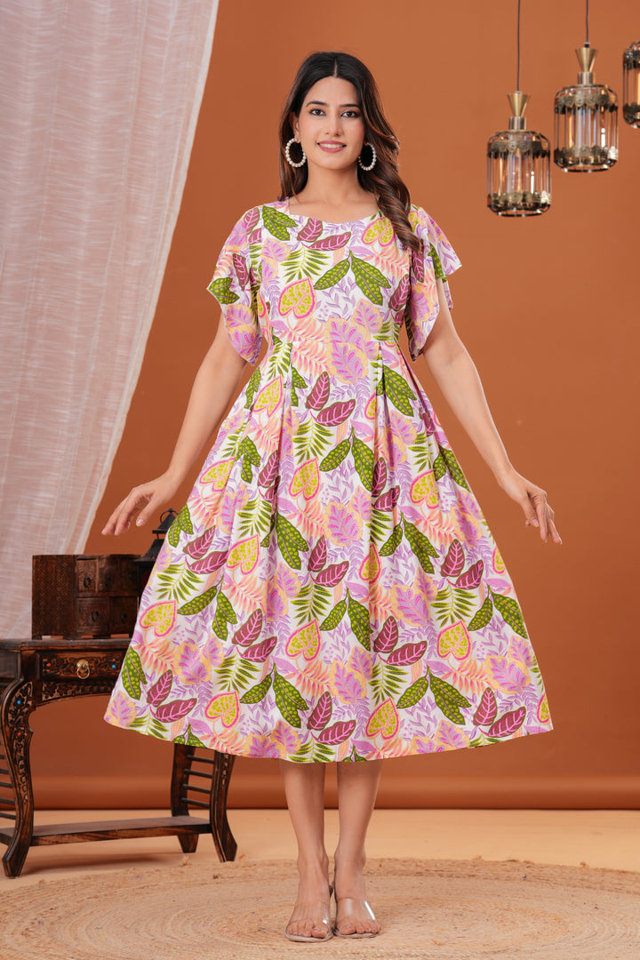 White Printed Maternity Midi Kurta Dress
