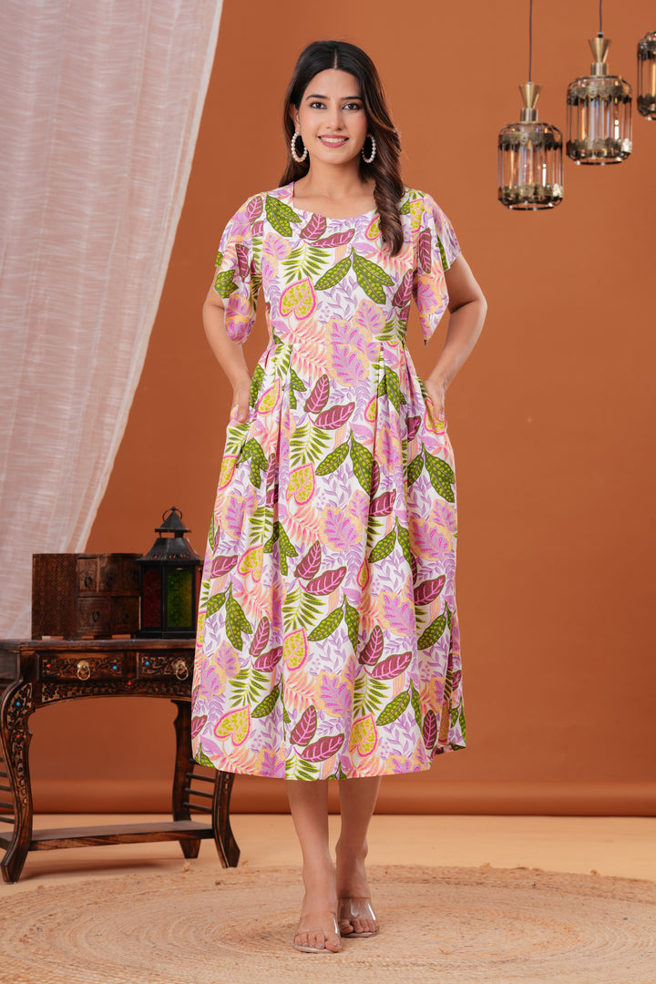 White Printed Maternity Midi Kurta Dress