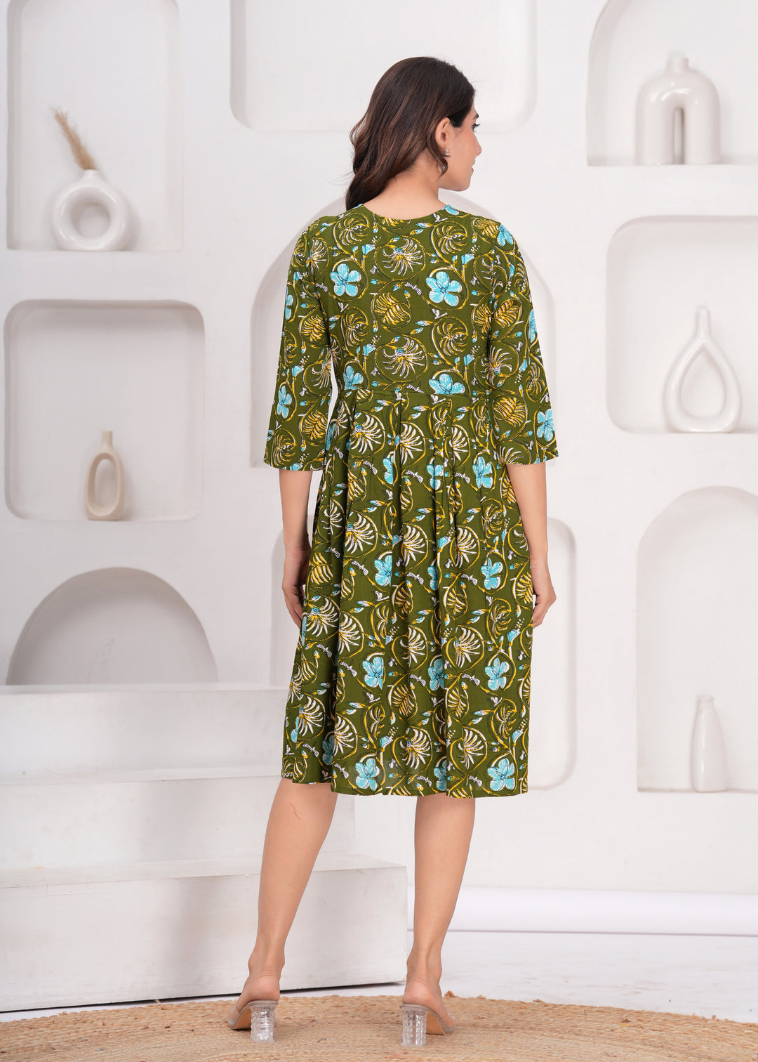 Green Printed Maternity Midi Kurta Dress