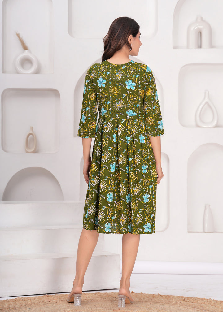 Green Printed Maternity Midi Kurta Dress