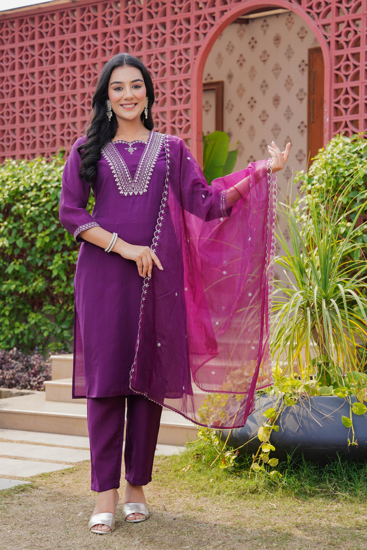 Purple Embroidered Straight Kurta Pant and Dupatta Set