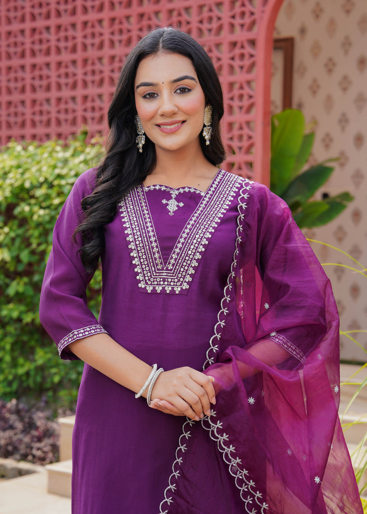 Purple Embroidered Straight Kurta Pant and Dupatta Set