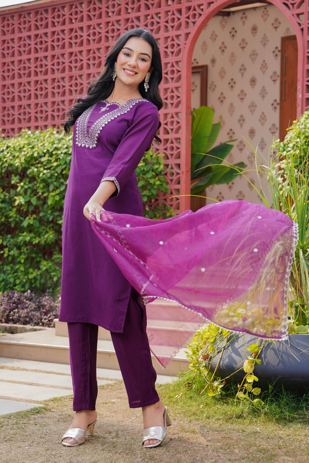 Purple Embroidered Straight Kurta Pant and Dupatta Set