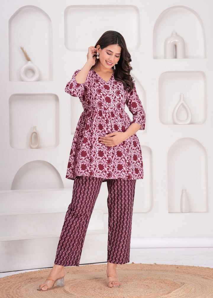 Maroon Floral Printed Maternity Kurta and Pant cord set