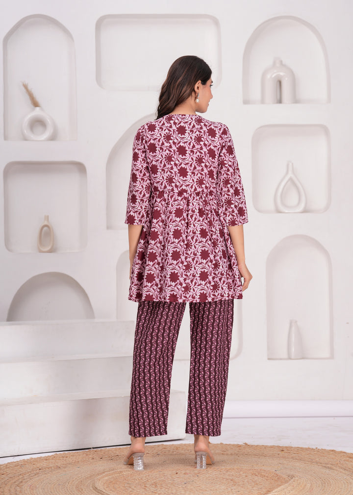 Maroon Floral Printed Maternity Kurta and Pant cord set