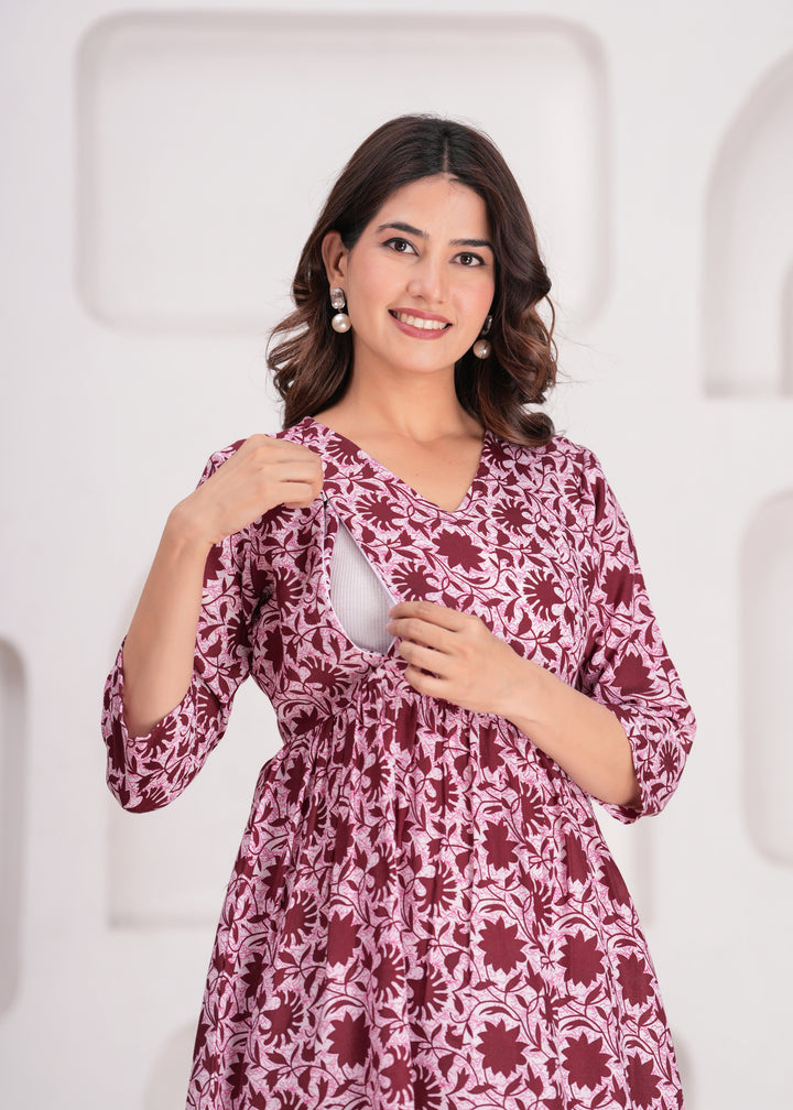Maroon Floral Printed Maternity Kurta and Pant cord set