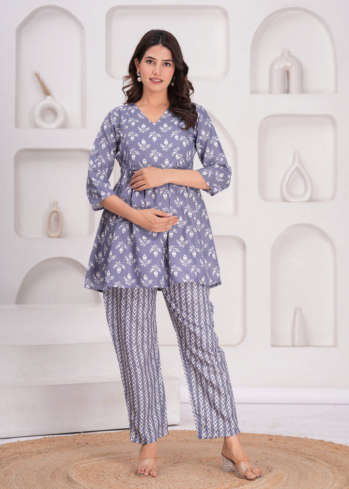 Grey Floral Printed Maternity Kurta and Pant cord set