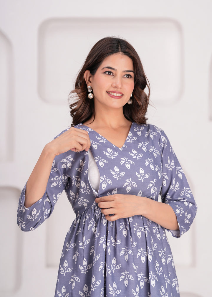 Grey Floral Printed Maternity Kurta and Pant cord set