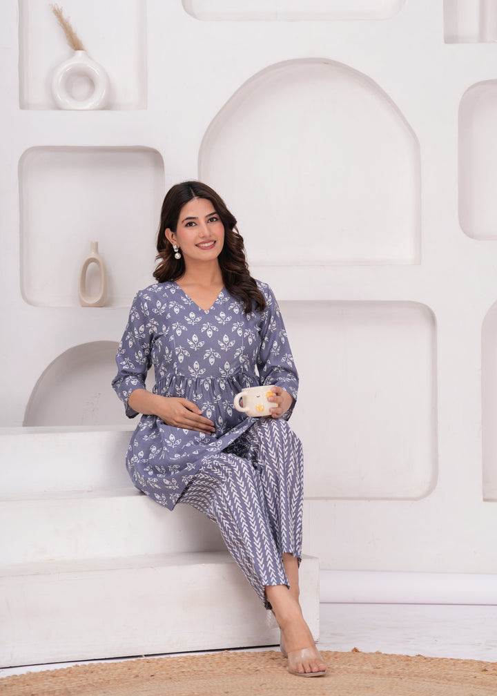 Grey Floral Printed Maternity Kurta and Pant cord set