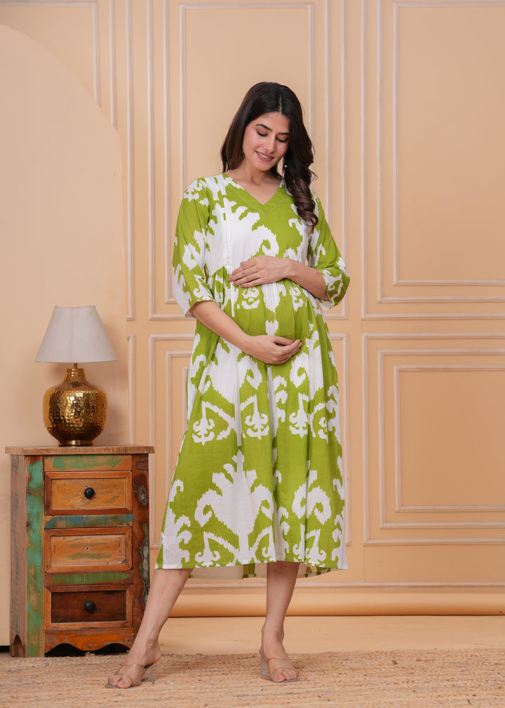 Green Ikat Printed Maternity Kurta dress