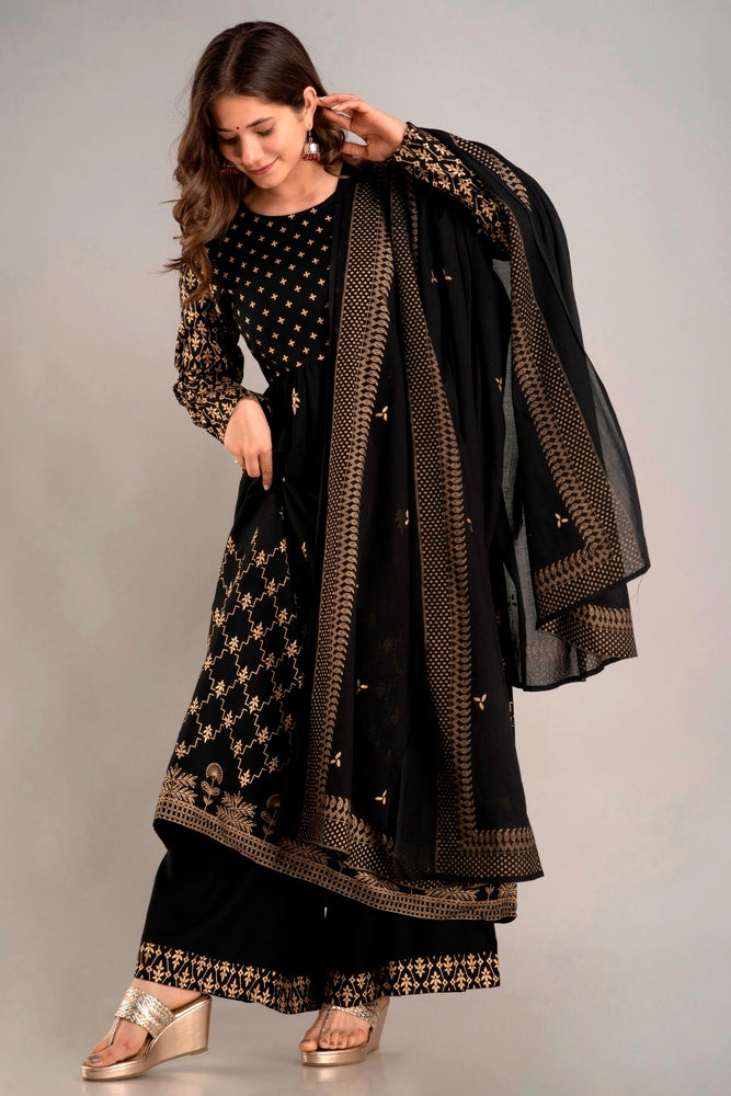 Black Gold Printed Rayon Geathered Kurta and Palazzo with Dupatta Set