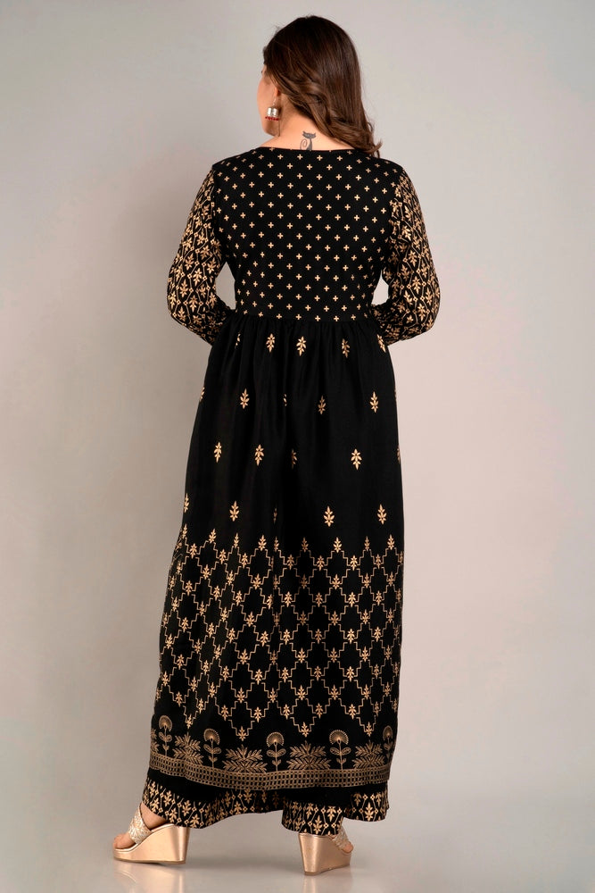 Black Gold Printed Rayon Geathered Kurta and Palazzo with Dupatta Set