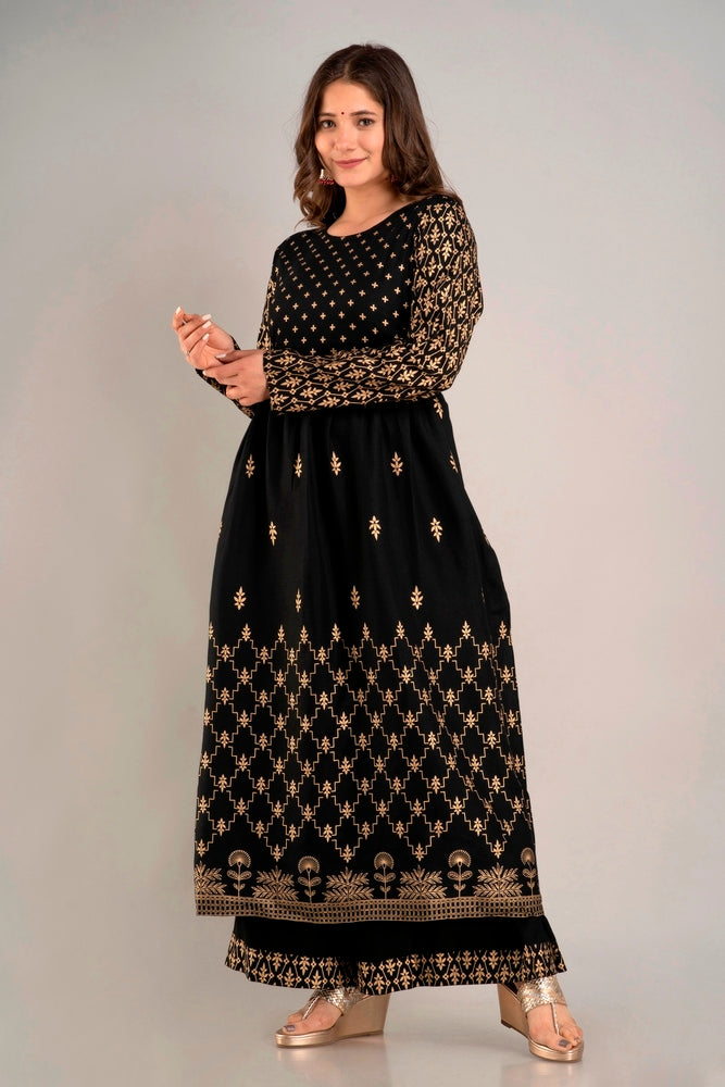 Black Gold Printed Rayon Geathered Kurta and Palazzo with Dupatta Set