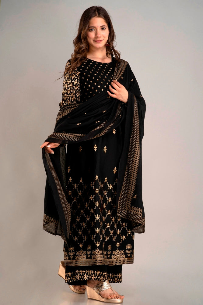 Black Gold Printed Rayon Geathered Kurta and Palazzo with Dupatta Set