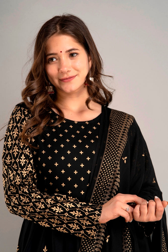 Black Gold Printed Rayon Geathered Kurta and Palazzo with Dupatta Set