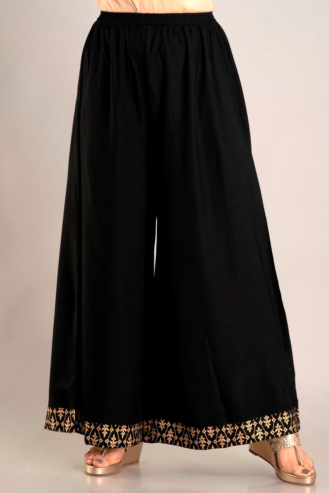 Black Gold Printed Rayon Geathered Kurta and Palazzo with Dupatta Set