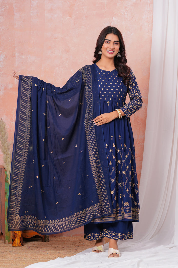 Blue Gold Printed Rayon Gathered Kurta and Palazzo with Dupatta Set