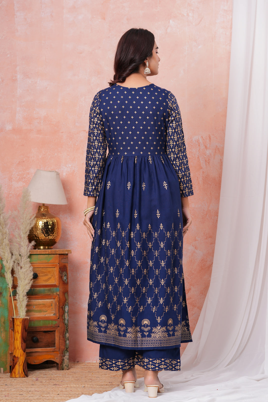 Blue Gold Printed Rayon Gathered Kurta and Palazzo with Dupatta Set