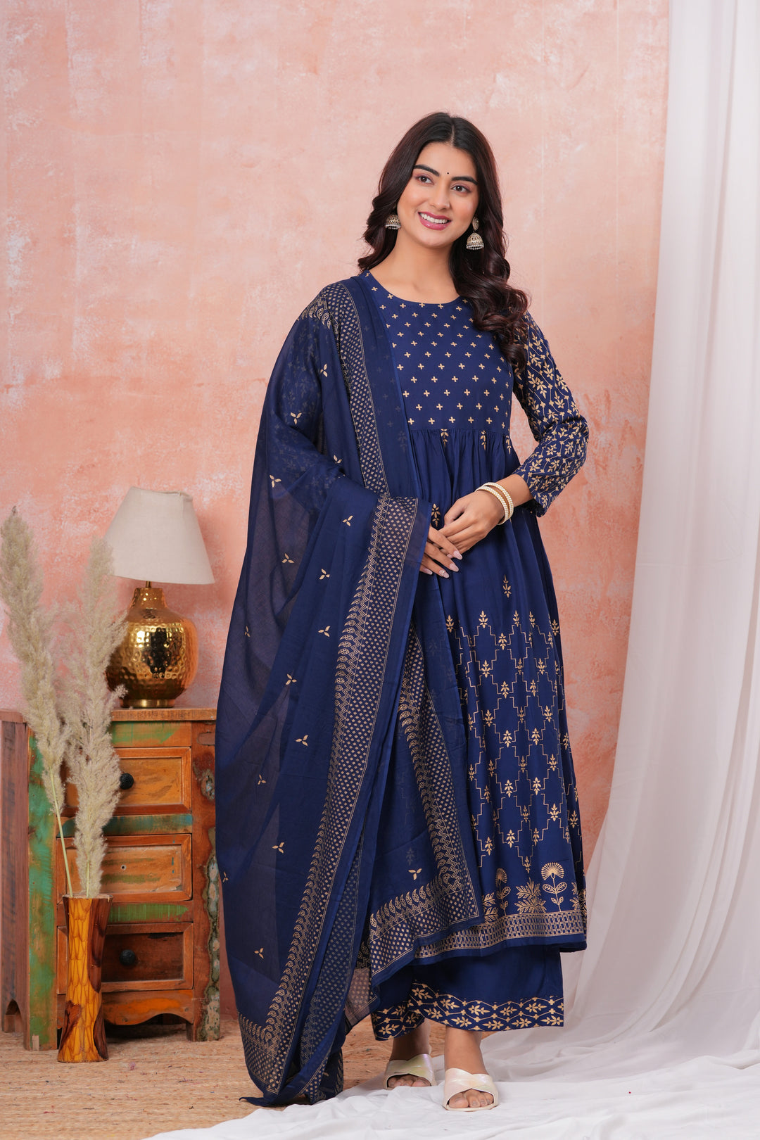 Blue Gold Printed Rayon Gathered Kurta and Palazzo with Dupatta Set