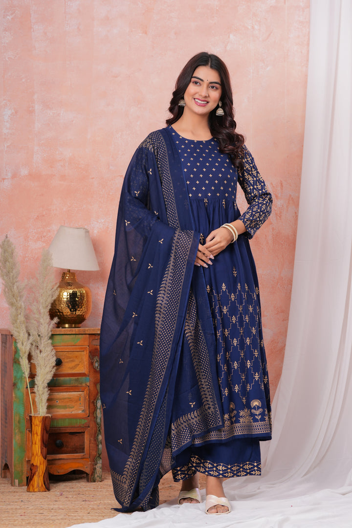 Blue Gold Printed Rayon Gathered Kurta and Palazzo with Dupatta Set