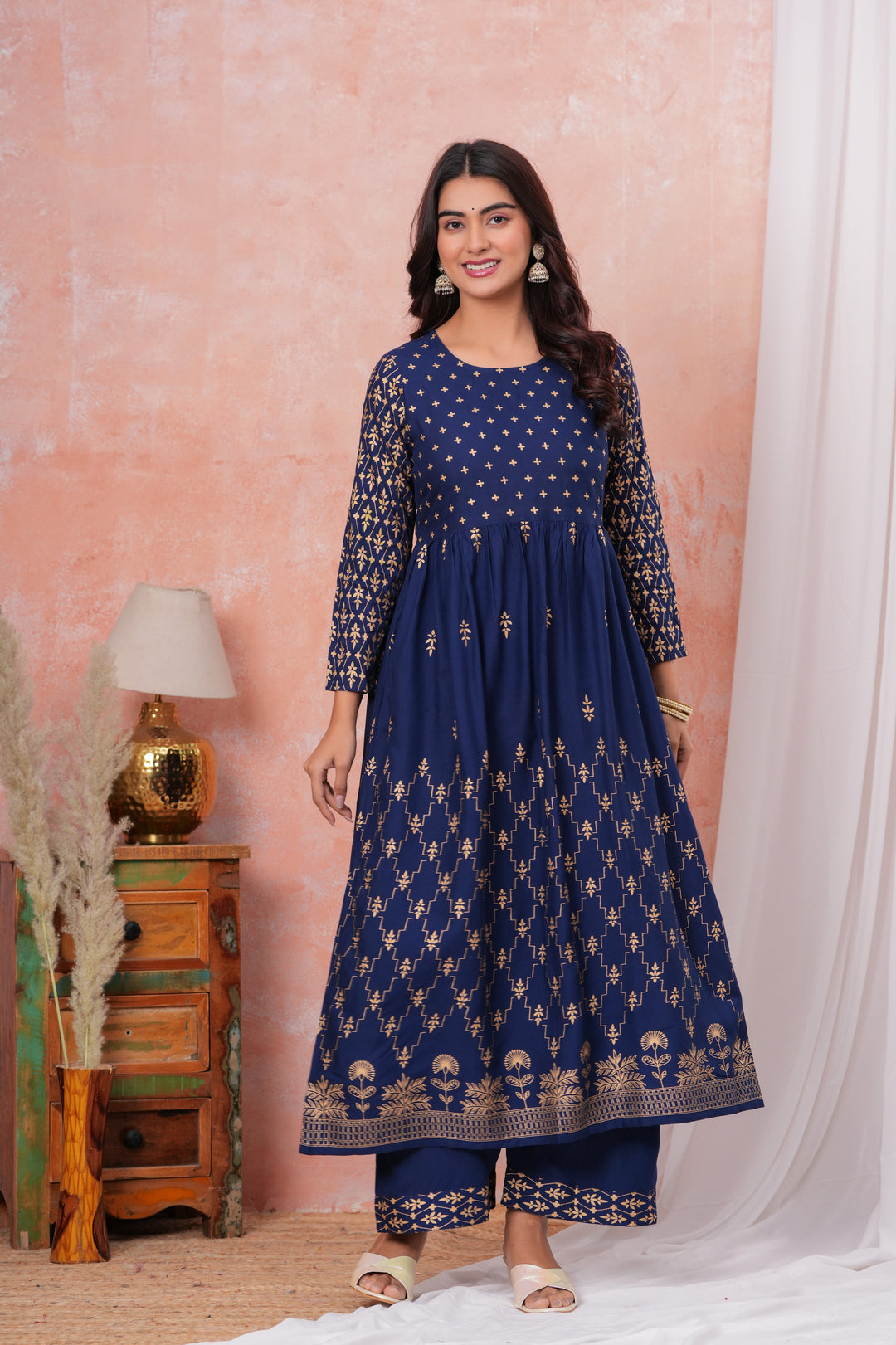 Blue Gold Printed Rayon Gathered Kurta and Palazzo with Dupatta Set